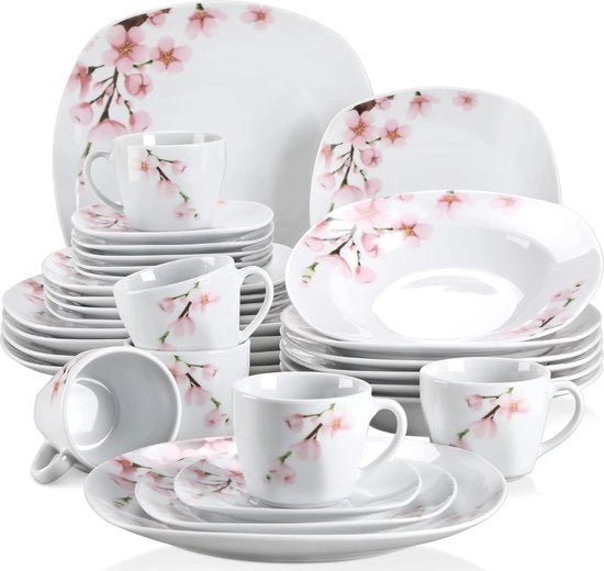 Set di servizio - 30 pezzi - 6 piatti grandi - 6 piatti piccoli - 6 piatti di zuppa - 6 tazze - 6 cucchiai - Bianco - Fiori
