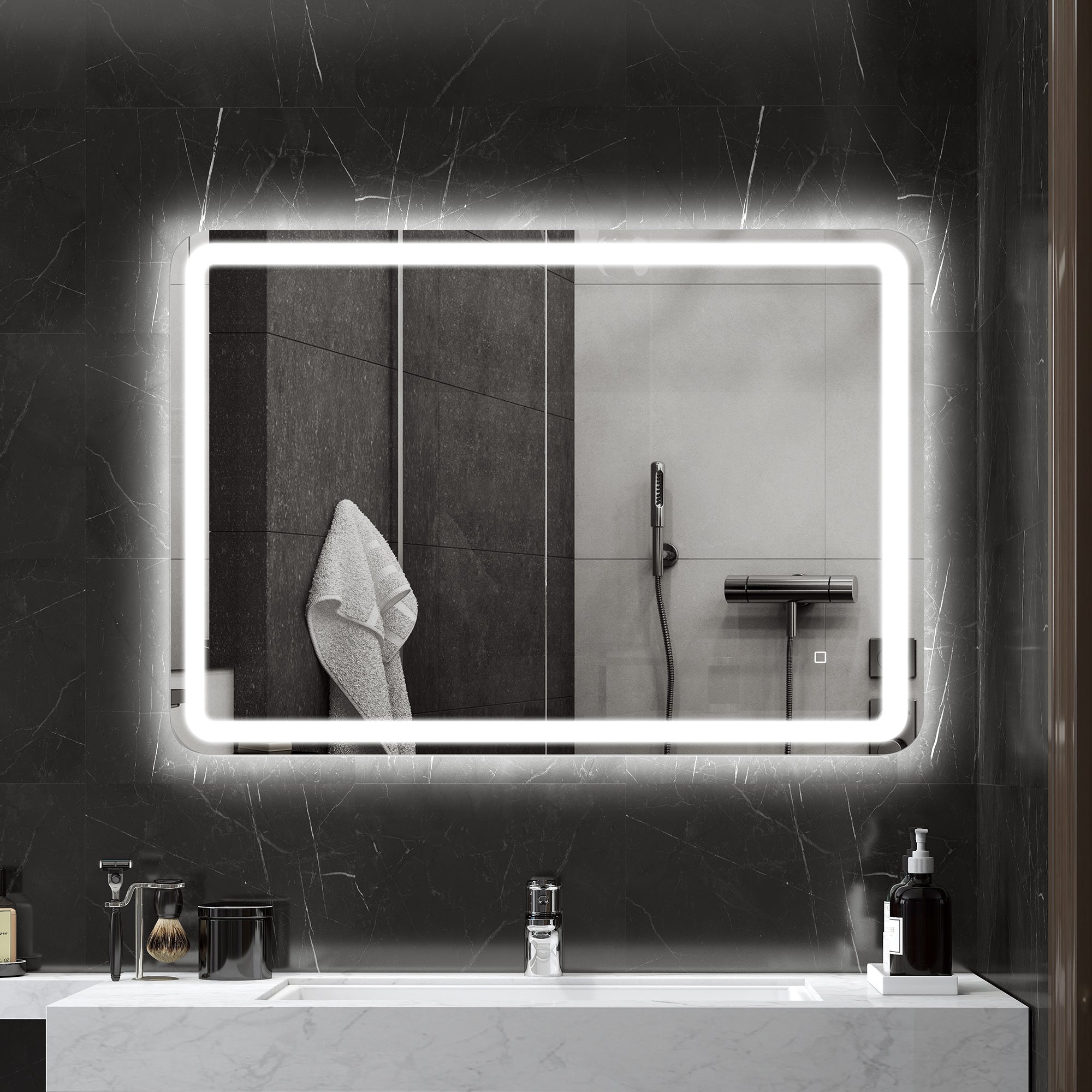 Specchio Bagno da Parete 70x100 cm con Interruttore Touch e Luce LED in Vetro Temperato Argento