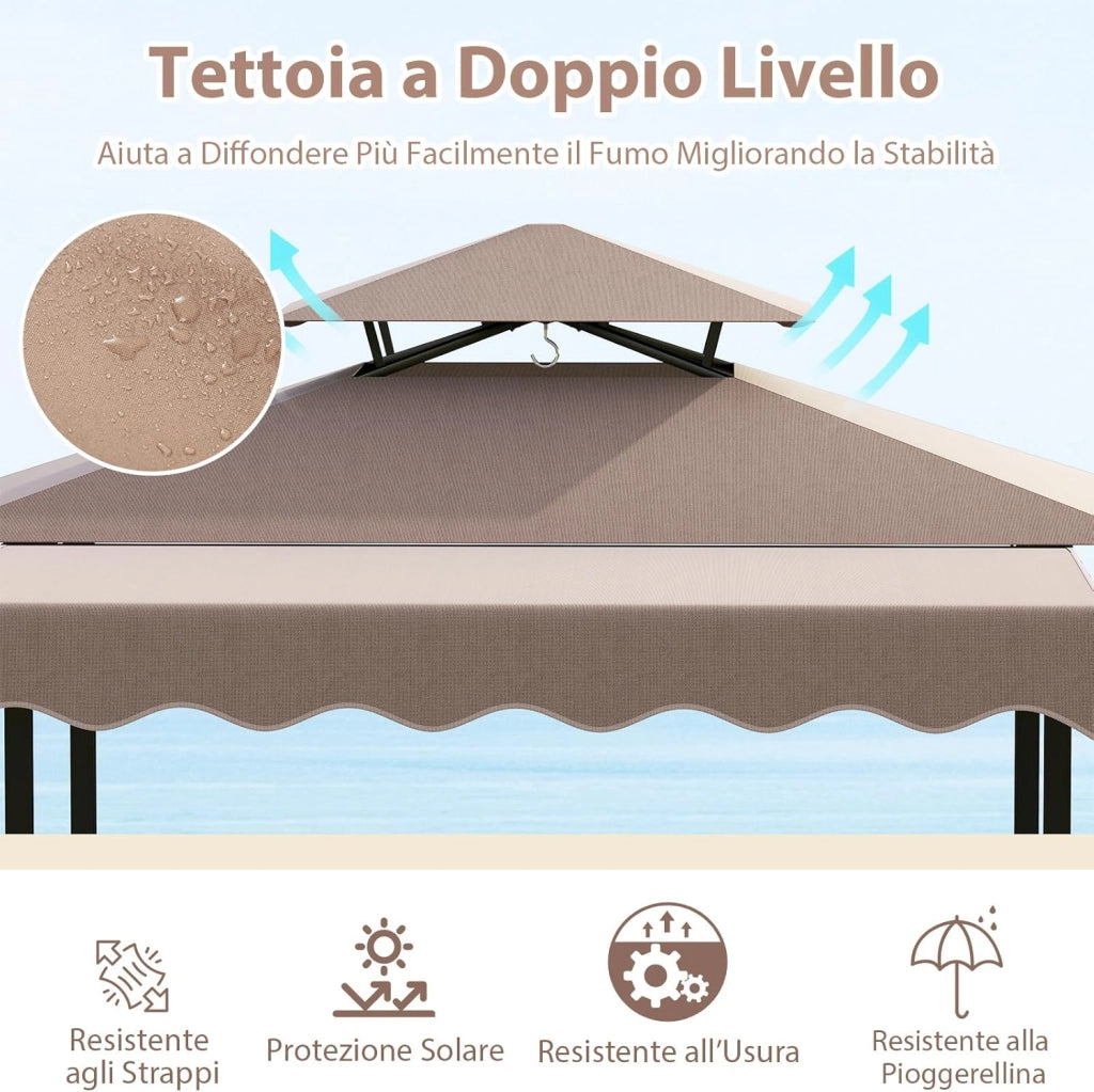 Gazebo per Barbecue, Pergola per BBQ con Tavolo Bar e 2 Sgabelli Bar Pieghevoli, Ripiani di Stoccaggio in Metallo, per Giardino e Cortile, 193 x 117 x 240 cm (Marrone)