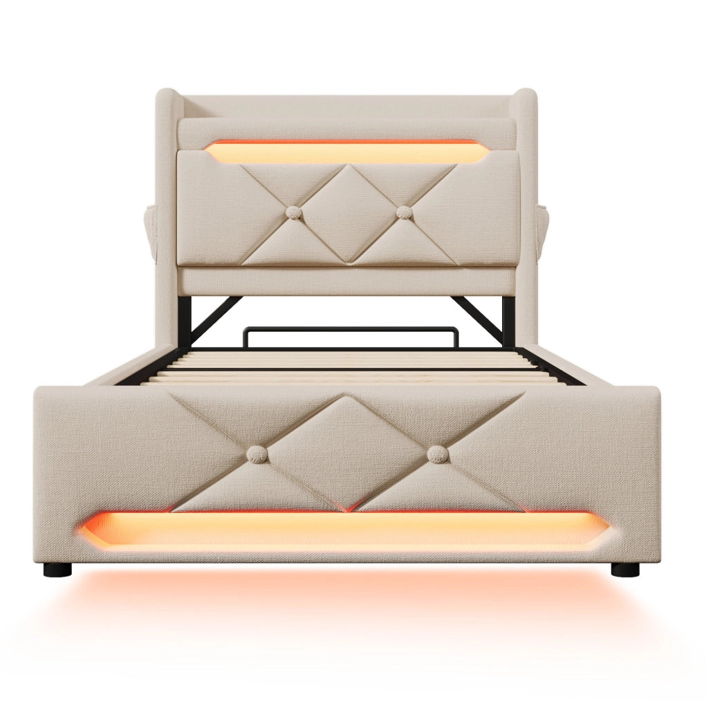 Letto singolo 90x200 cm con LED; 3 USB e USB C; contenitore idraulico; tessuto di lino beige