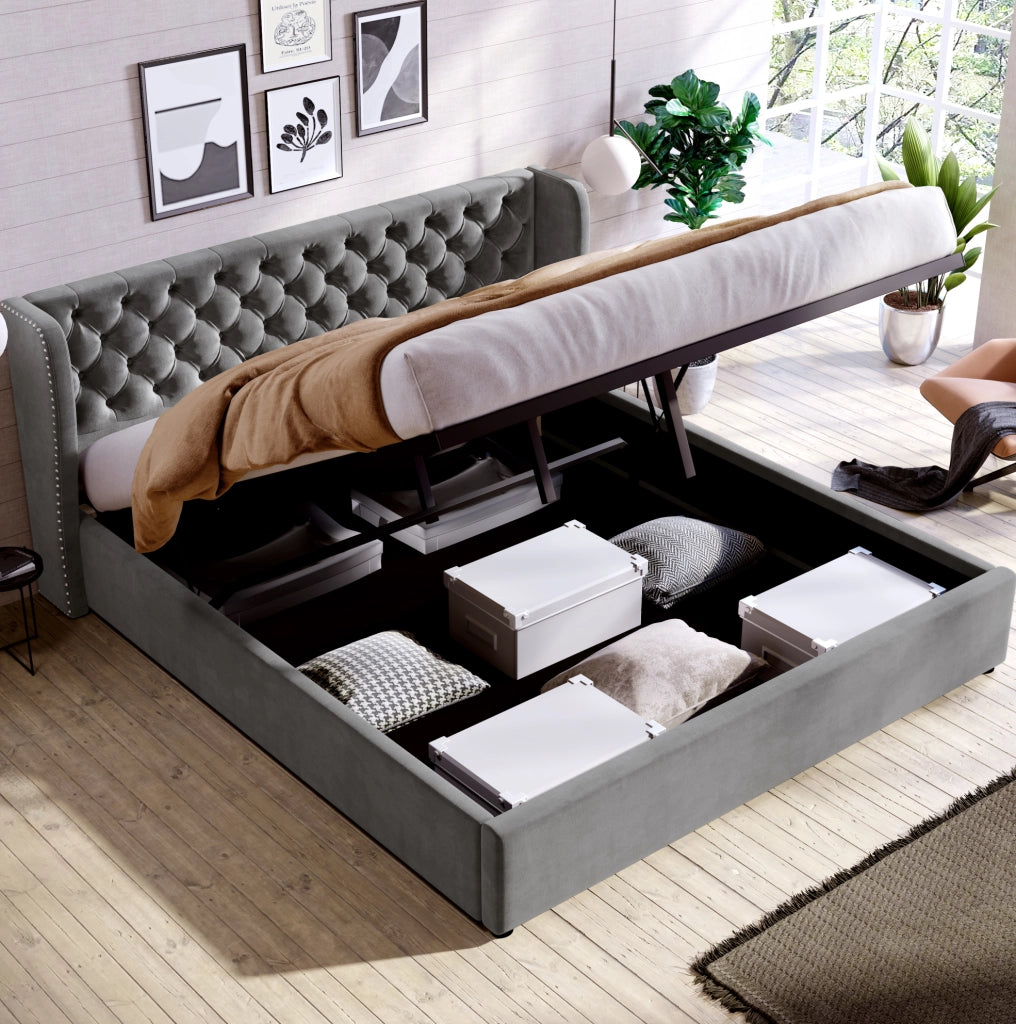 Letto imbottito contenitore 160x200 in velluto grigio; testiera alta 99 cm
