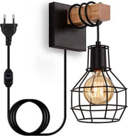 Lampada Industriale a Parete - Design Retro Nero con Dettagli in Legno - Regolabile la Luminosità