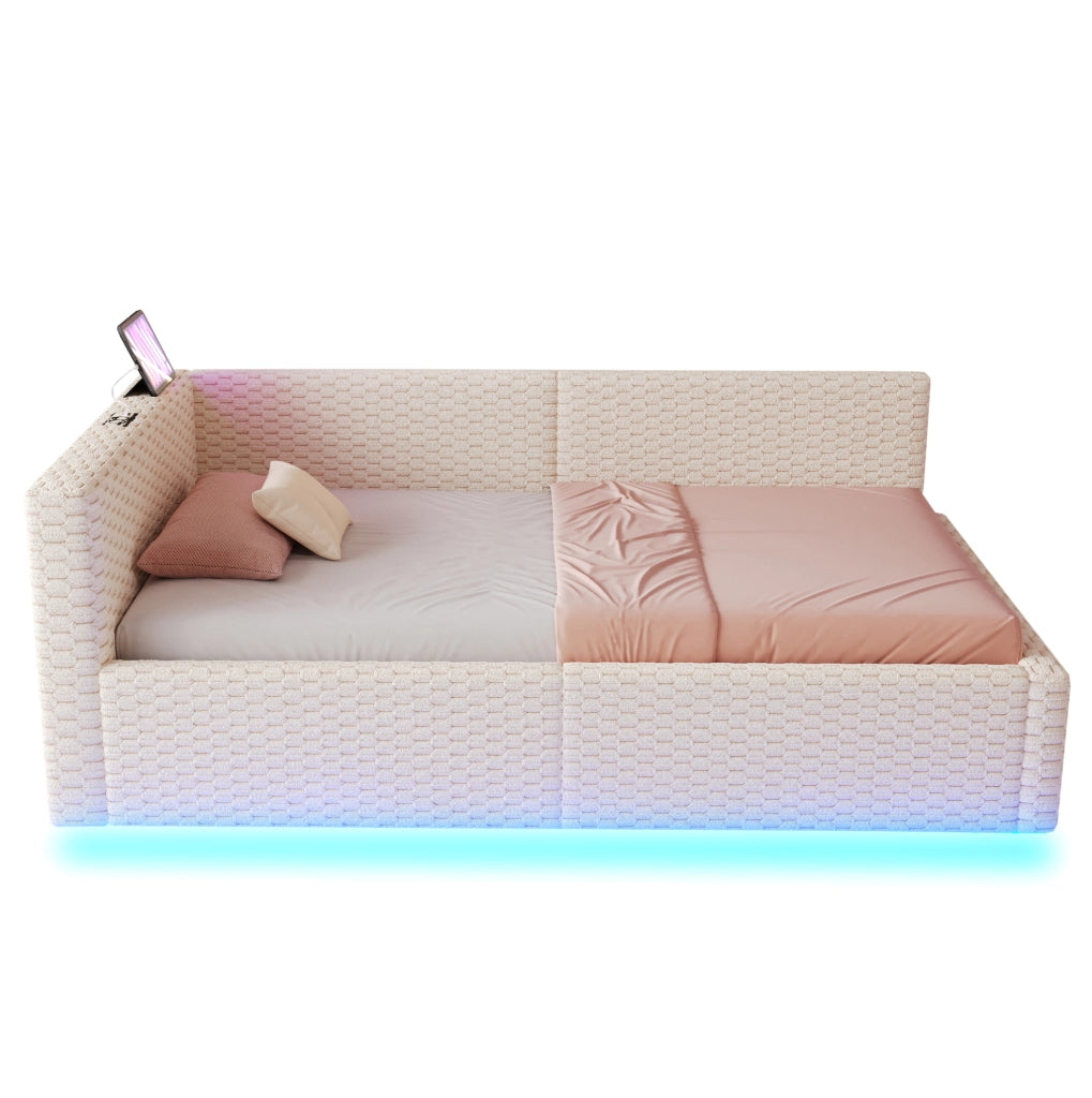 Letto imbottito multifunzione 90x200 cm con LED; 2 USB e Type-C; schienale a L; velluto beige