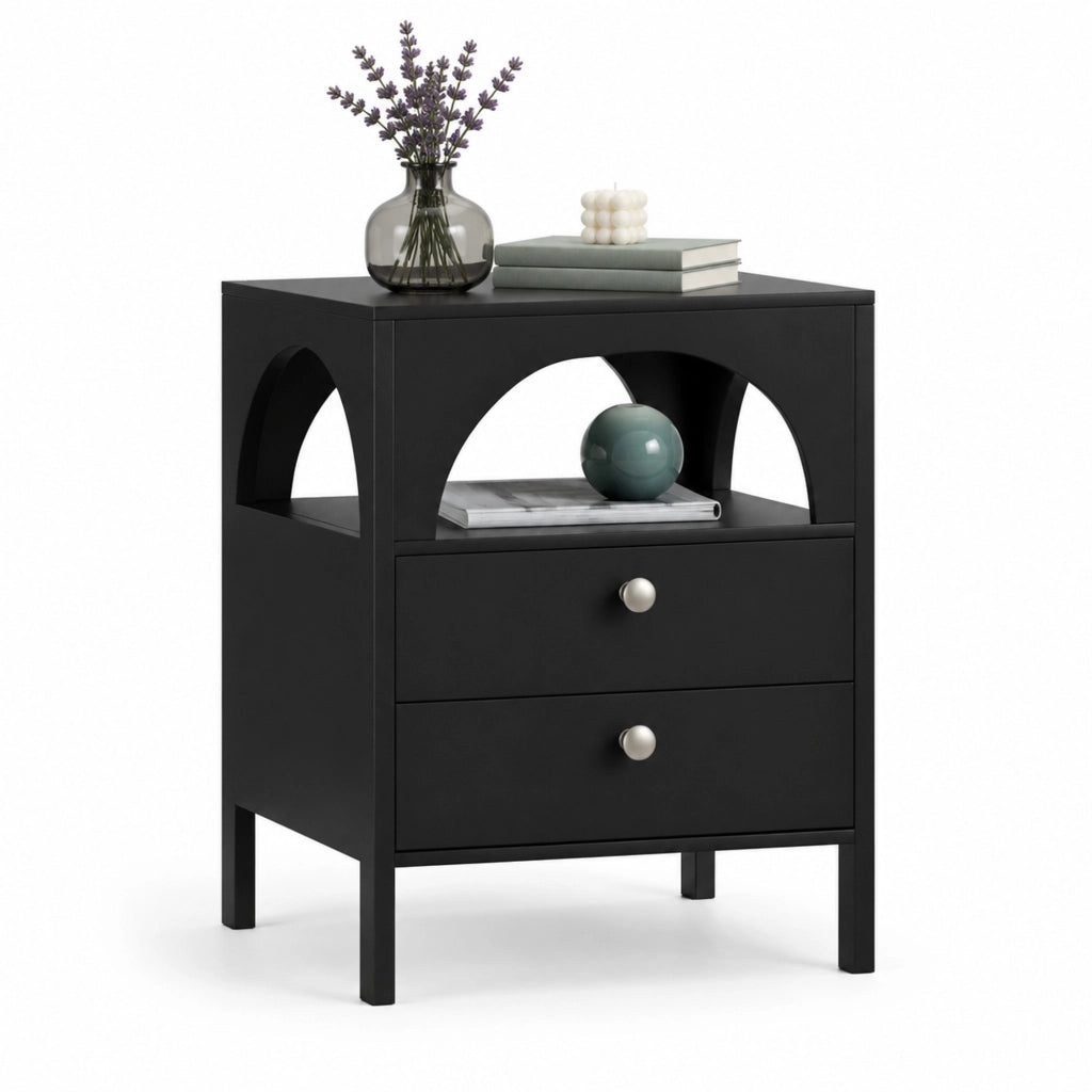 Comodino moderno 45x40x58 cm con 2 cassetti e vano aperto in MDF nero