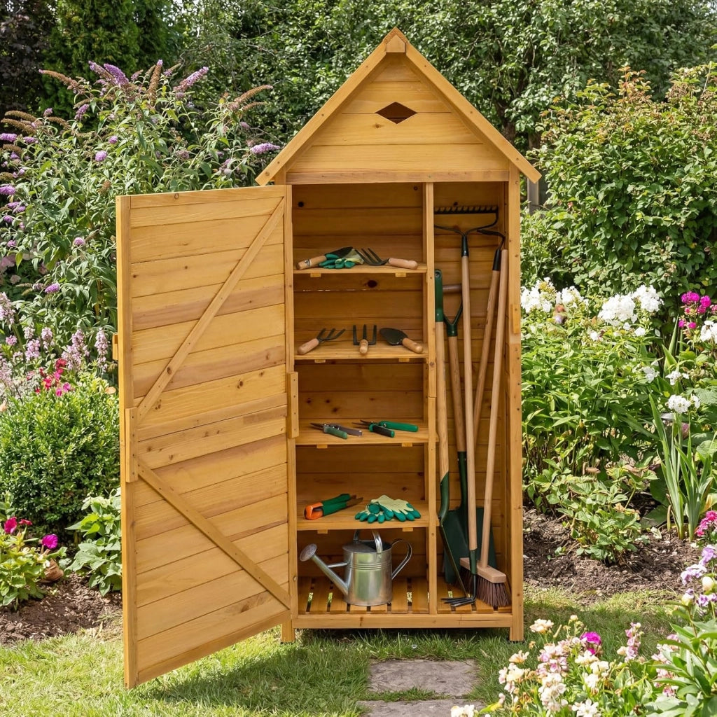 Armadio da Esterno in Legno, Casetta da Esterno con Ante, Ripiani Rimovibili, Serrature e Tetto Inclinato, Armadietto Versatile da Giardino, Balcone e Cortile (81 x 46 x 174 cm)
