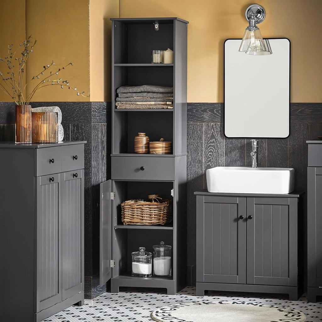 Mobile Bagno Salvaspazio Colonna Bagno con Armadio e 3 Ripiani Aperti, Armadio Compatto con 1 Cassetto per WC, Camera da Letto, Lavanderia 40x161x35 cm BZR17-DG