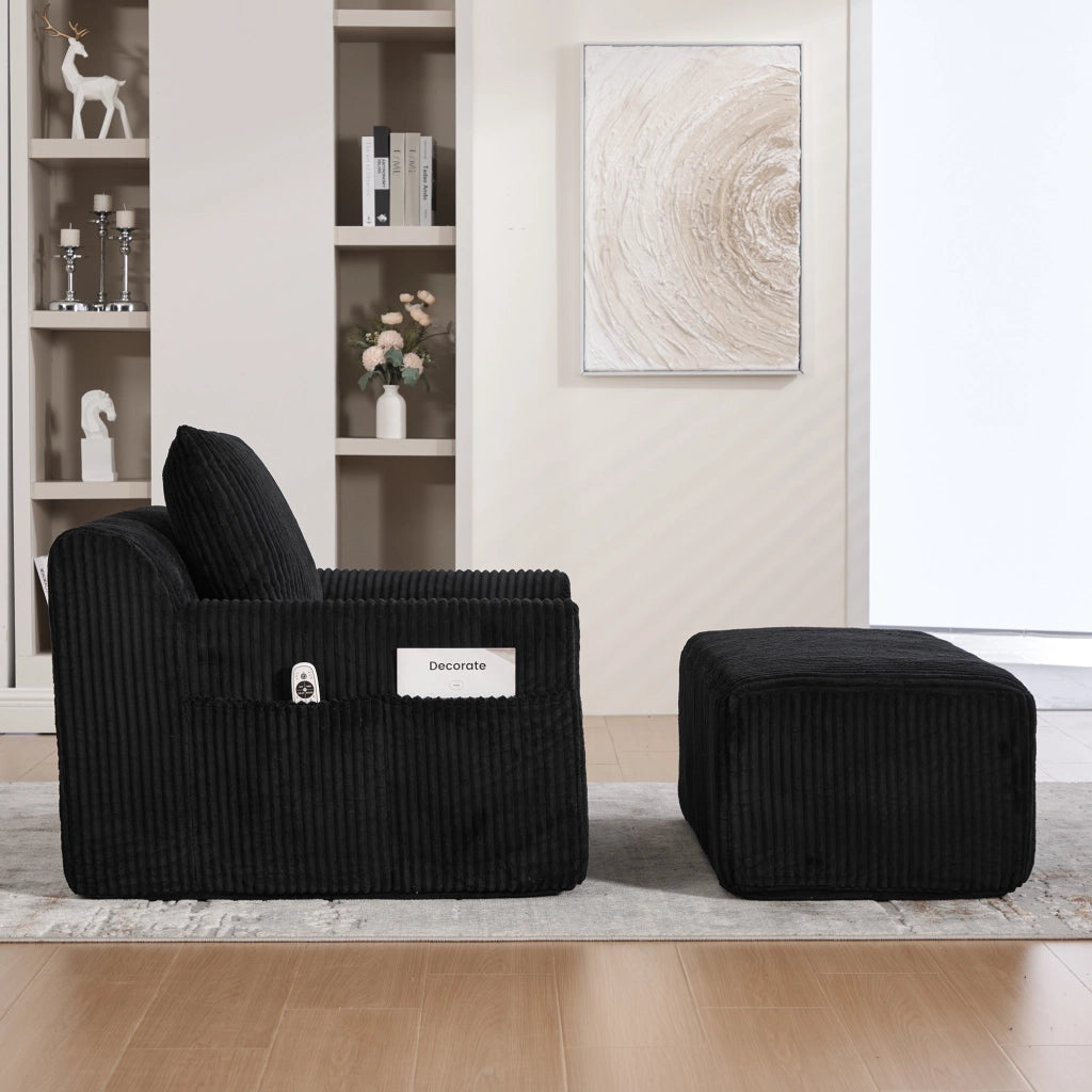 Poltrona Oversize con Poggiapiedi e Tasche Laterali; Seduta Profonda; Poltrona Imbottita in Velluto a Coste Nero