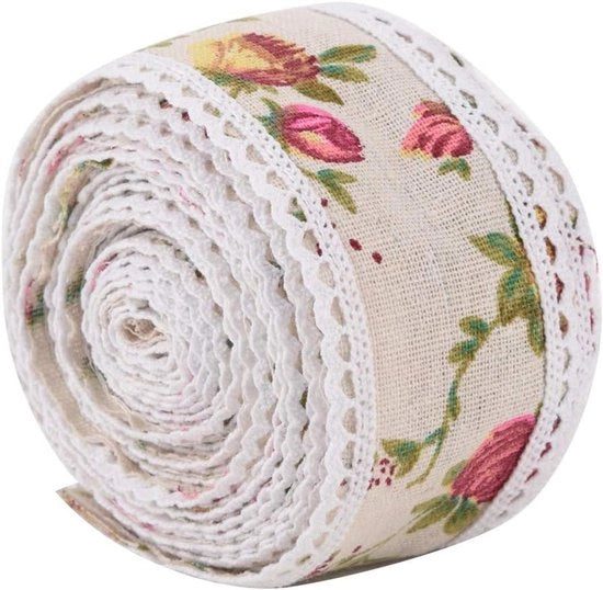 Rubino di Juta Tessuto Imprimito con Trama a Fiore - Nastro di Juta per Decorazione Fai da Te 5m