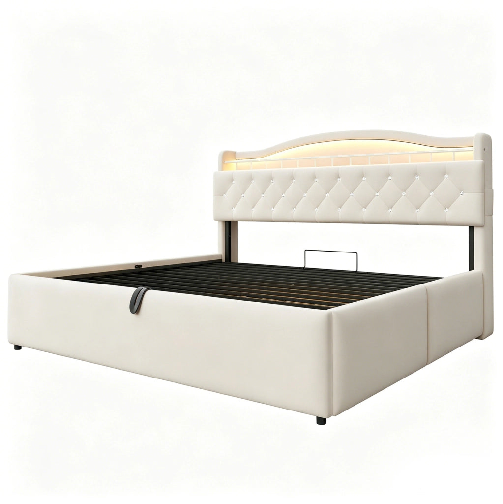 Letto imbottito 180x200 cm con contenitore idraulico; USB e USB-C; tessuto e metallo beige