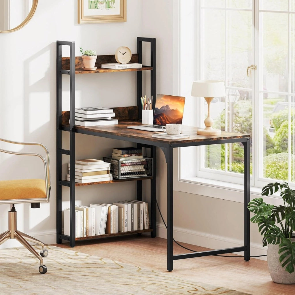 Scrivania per computer con ciabatta elettrica e 2 porte USB, Scrivania studio da 120 CM con mensola uscite AC  Rustico & Nero-Tavolini per laptop