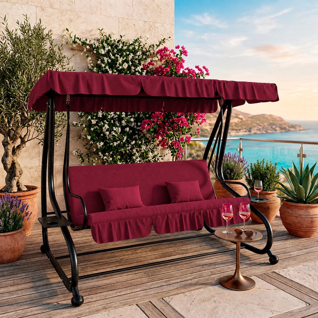 Dondolo Da Giardino 3 Posti Schienale Regolabile Tetto Ombreggiante Cuscinatura Comfort Imbottita Convertibile In Letto Per Esterno Balcone Patio 200 x 120 x 160 Cm Bordeaux