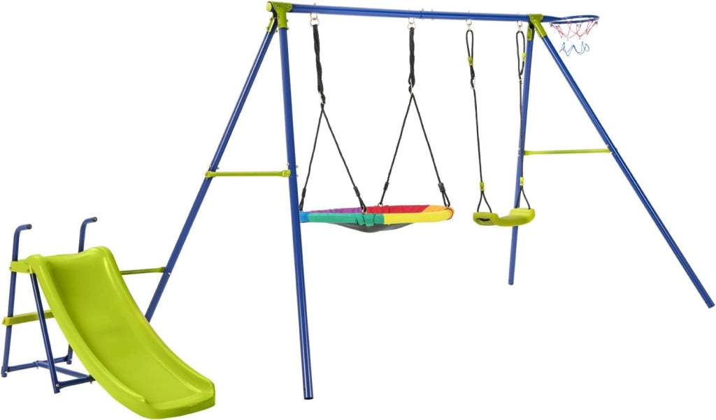 Set di Altalene da Giardino per Bambini 3-10 Anni, Seggiolino Altalena Bambini 4 in 1 con 2 Altalene, Scivolo e Canestro da Basket, Scivolo e Altalena per Uso Esterno e Interno