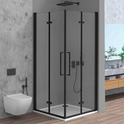 Box doccia angolare doppio soffietto 90x90 in vetro temperato trasparente con profili nero opaco Neos