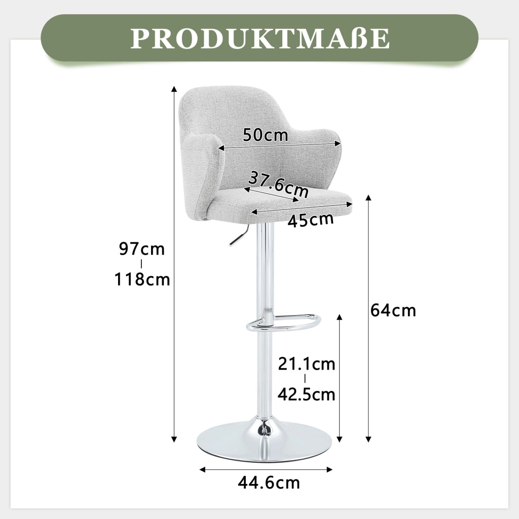 Sgabello da bar regolabile girevole a 360° con braccioli e poggiapiedi in tessuto grigio chiaro set da 2