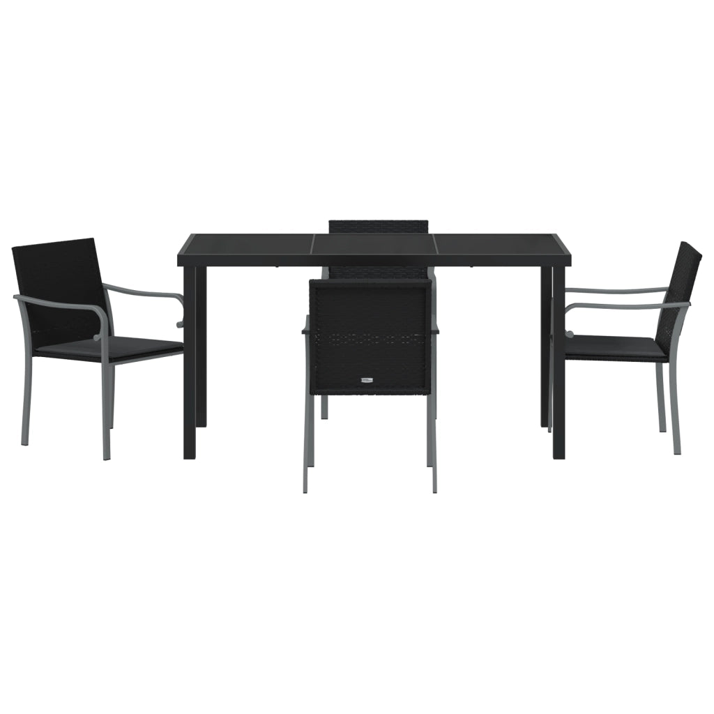 Set da pranzo da giardino in 5 pezzi con cuscini in polyrattan nero