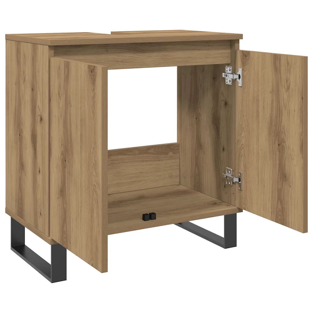 Mobiletto da bagno dal design moderno con vano contenitore 58 x 33 x 60 cm realizzato in legno di rovere composito finitura artigianale 02_0051101