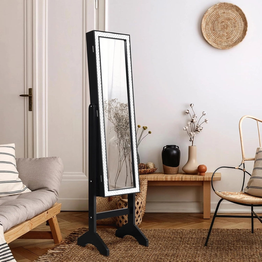 Armadio per Gioielli, Armadietto Portagioie con Specchio a Figura Intera, Organizer Spazioso per Gioielli, per Camera da Letto e Salotto, 35,5 x 33 x 153 cm (Nero)