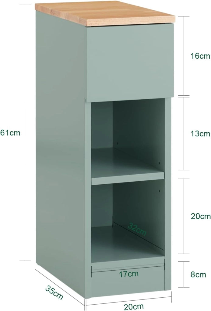 Comodino camera da letto Stretto, comodino con cassetto e 2 ripiano, comodini per camera da letto e soggiorno, Tavolino da letto Verde L20 x P35 x A61 cm FBT111-GR