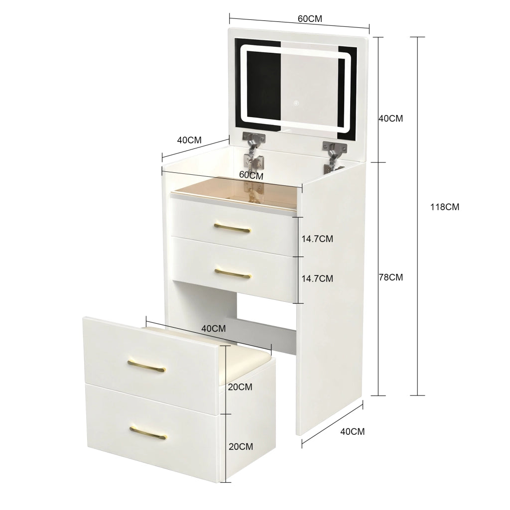 Tavolo da toeletta 3-in-1 con specchio aperto; piano vetro trasparente; 3 cassetti; compatto per camera; Bianco; B60×H118×P40cm