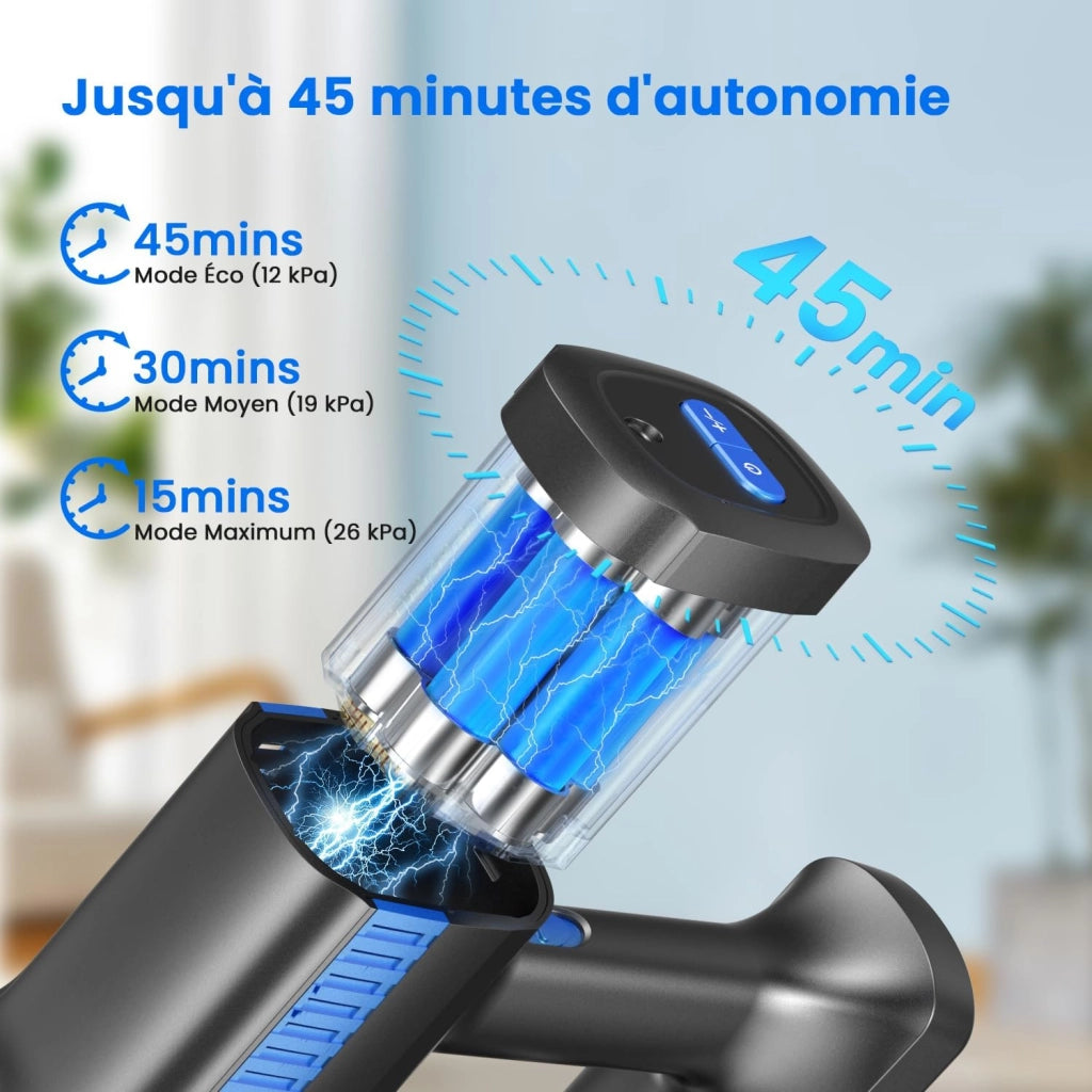 Aspirapolvere senza fili INSE S7P blu con display a LED e spazzola a rullo morbida.