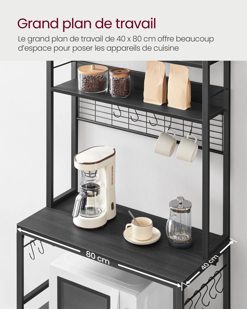 Mensola da cucina con multipresa supporto per microonde ripiano portaoggetti con pannello in rete metallica 14 ganci 40 x 80 x 170 cm nero 12_0005669