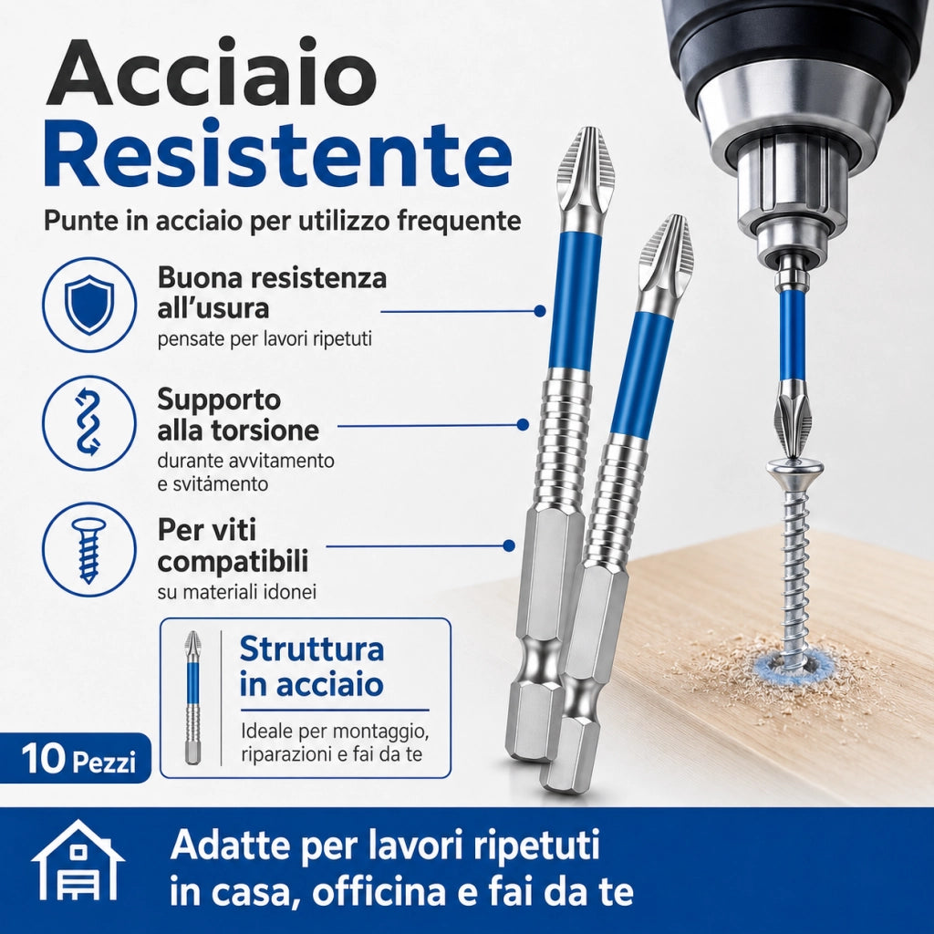 Set 10 Punte Magnetiche Per Cacciavite Trapano Avvitatore  25-150 mm in Acciaio