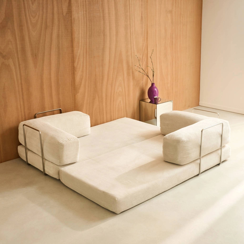 Divano letto futon in velluto a coste e struttura cromata, 3 posti,