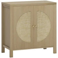 Credenza da Cucina con 2 Porte in Rattan, Scaffale Regolabile e 2 Maniglie 75x38x77 cm Legno Naturale