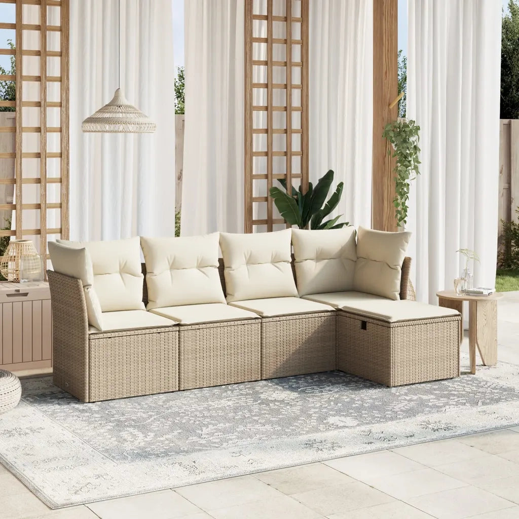 Set Divano da Giardino 5 pz con Cuscini Beige in Polyrattan