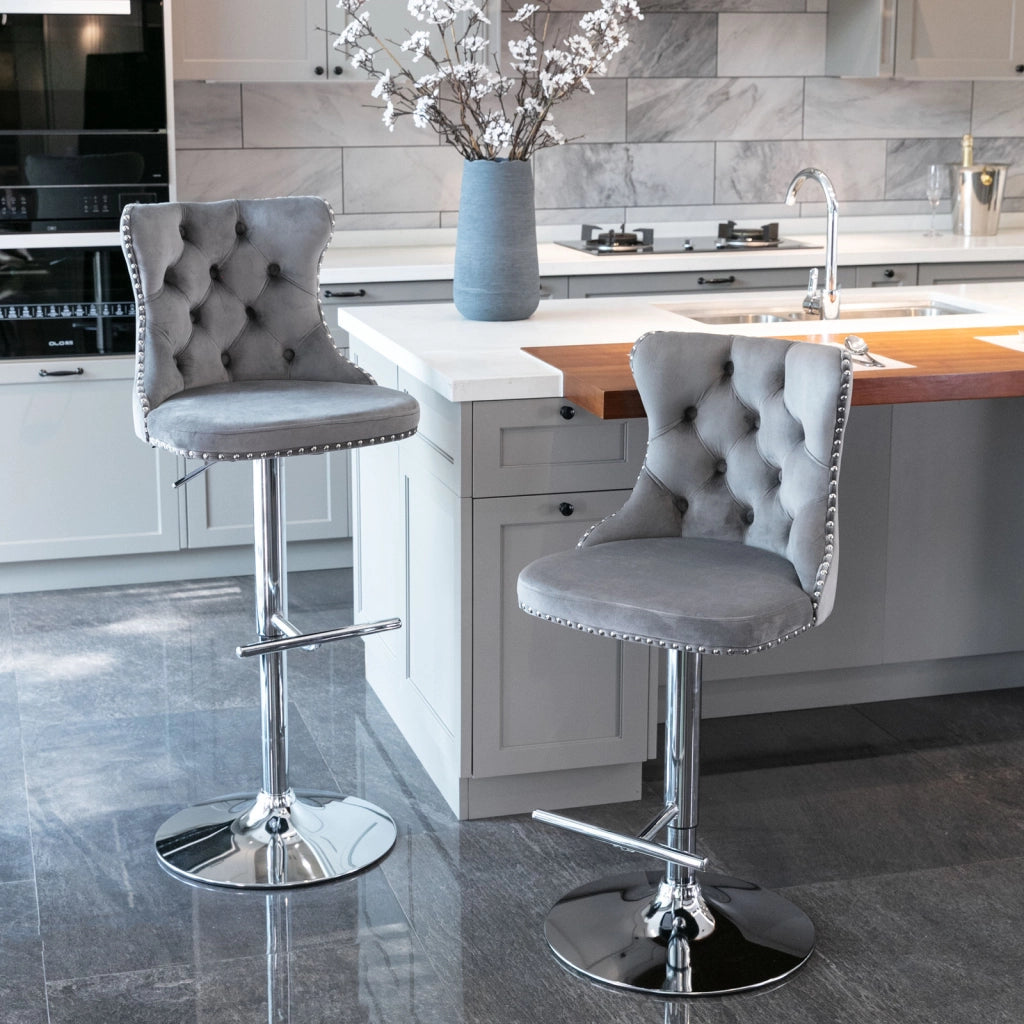 Sgabelli da Bar Girevoli Velluto ¨C MINIMAL ¨C Grigio, Altezza Regolabile 25-33, Set di 2