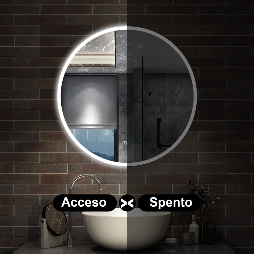 specchio rotondo 70 cm retroilluminato con antiappannamento, funzione dimmerabile e morbido bagliore esterno, bluetooth