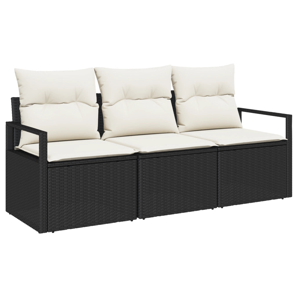 Set di divani da giardino 3 pezzi con cuscini neri in polirattan