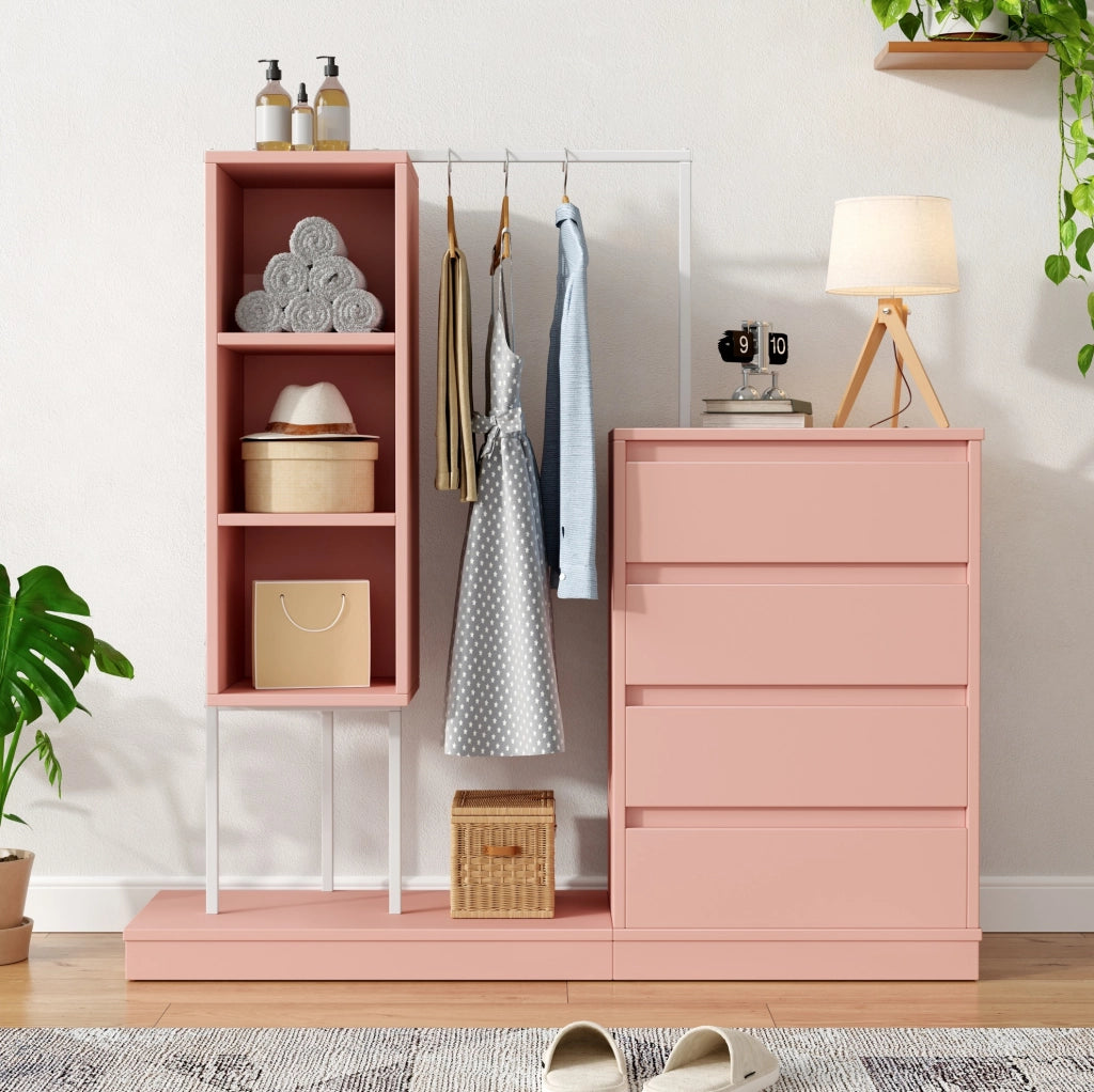 Armadio con cassetti e barra appendiabiti 140x40x135 cm rosa e bianco
