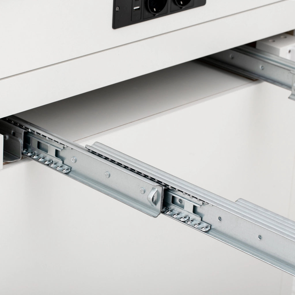 Tavolo da pranzo con piano estraibile; LED e prese USB per cucina in MDF bianco