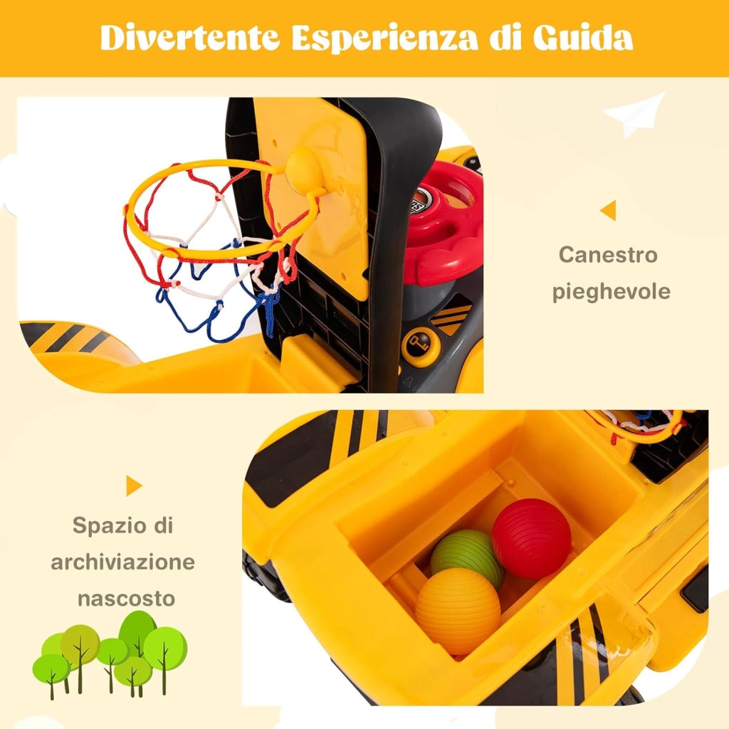 Escavatore Elettrico per Bambini, Ruspa Cavalcabile con Benna Controllabile Vano Nascosto Effetti Sonori e Canestro da Basket Pieghevole e 3 Palline, per Bambini 2 Anni+