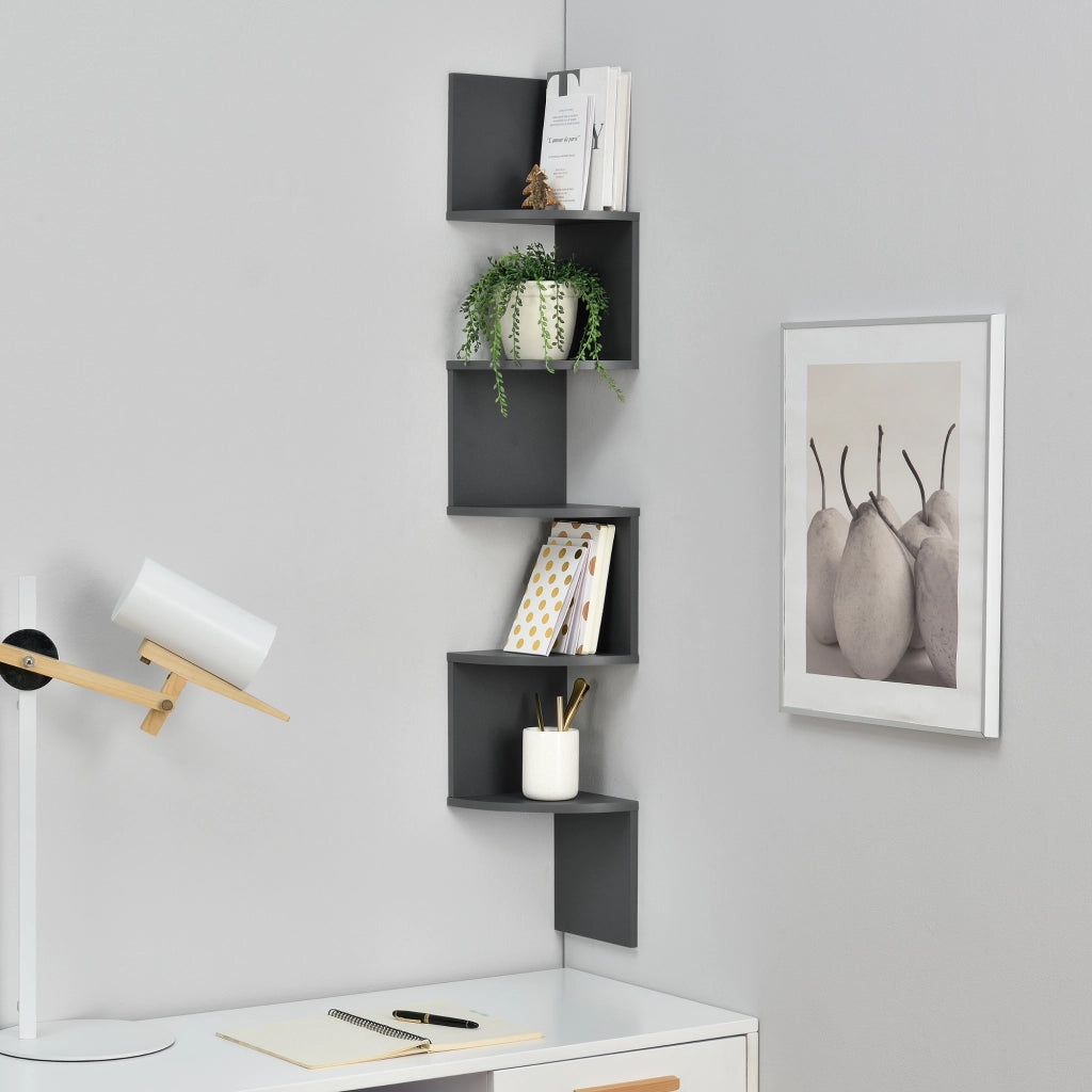 Scaffale Angolare da Parete Lysaker Design Zigzag con 5 Ripiani - Grigio Scuro [en.casa]