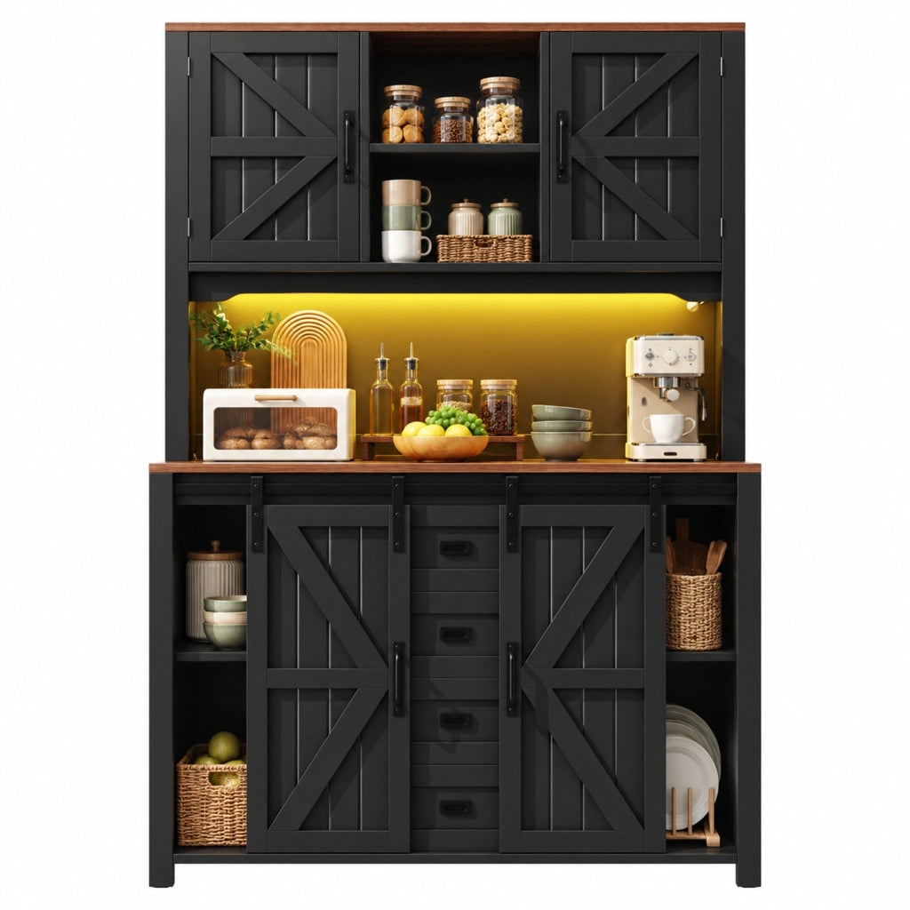 Credenza da cucina alta 115 x 40 x 174,7 cm con ripiani regolabili, ante scorrevoli e illuminazione LED