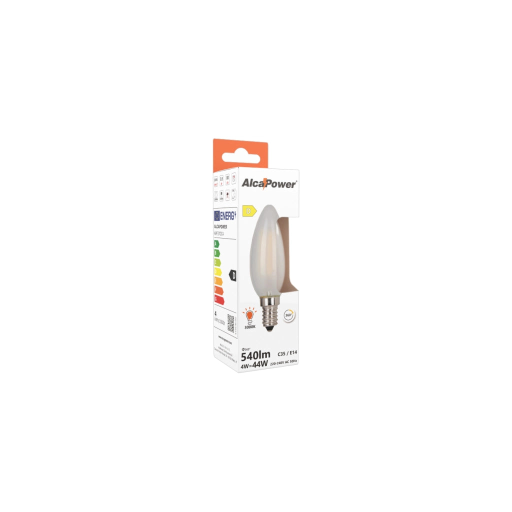 Alcapower Lampadina LED Oliva C35 Vetro Frost 4W E14 540lm 3000K Luce Calda 360° - Efficienza Energetica Classe D - Durata 25000 Ore Alta Qualità