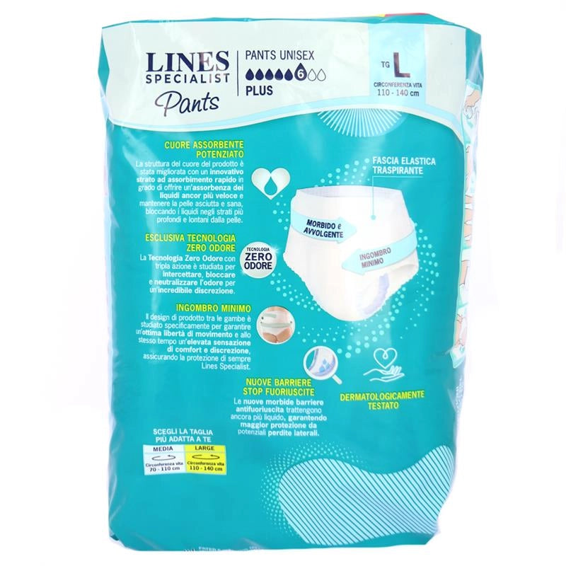 LINES SPECIALIST PANTS MUTANDINE UNISEX "L PLUS" SUPER ASSORBENTE, SUPER ASCIUTTO FINO A 3 VOLTE PIÙ EFFICACE 7PZ
