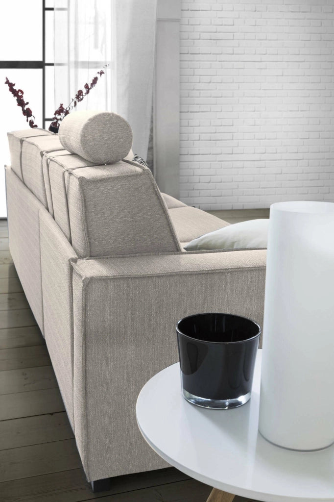 Divano Letto Alisa, Divano a 2 posti Large, Made in Italy, SofÒ  Soggiorno con apertura girevole, in tessuto imbottito, con Braccioli slim, cm 180x95h90, Tortora