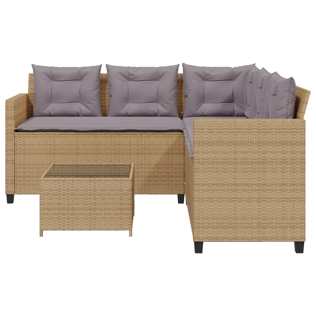 Divano da Giardino con Tavolo e Cuscini a L Beige in Polyrattan 369042