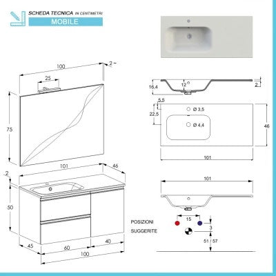 Mobile bagno sospeso 100 cm grigio cemento con cassetti e anta completo di lavabo a sinistra e specchio Master