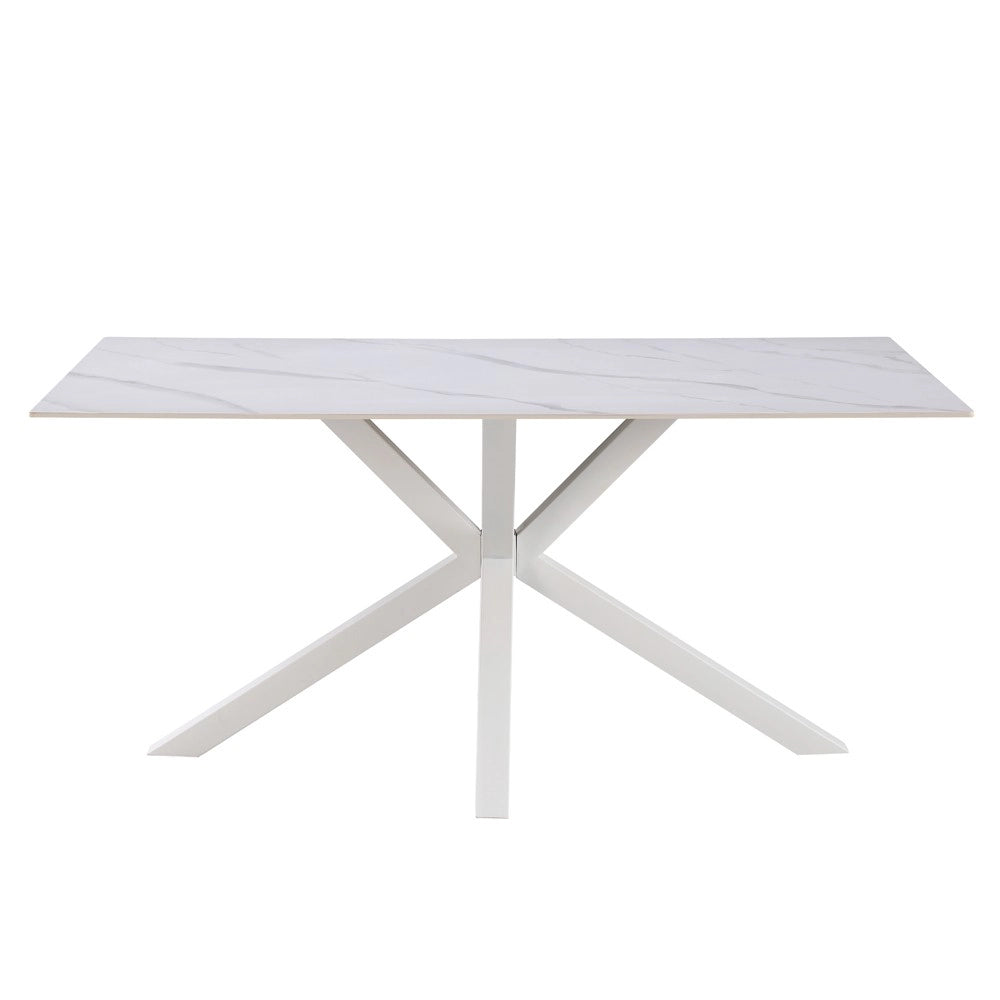 Tavolo da Pranzo Hunter 160×90 cm in Ceramica Effetto Marmo Bianco con Gambe Design Bianche