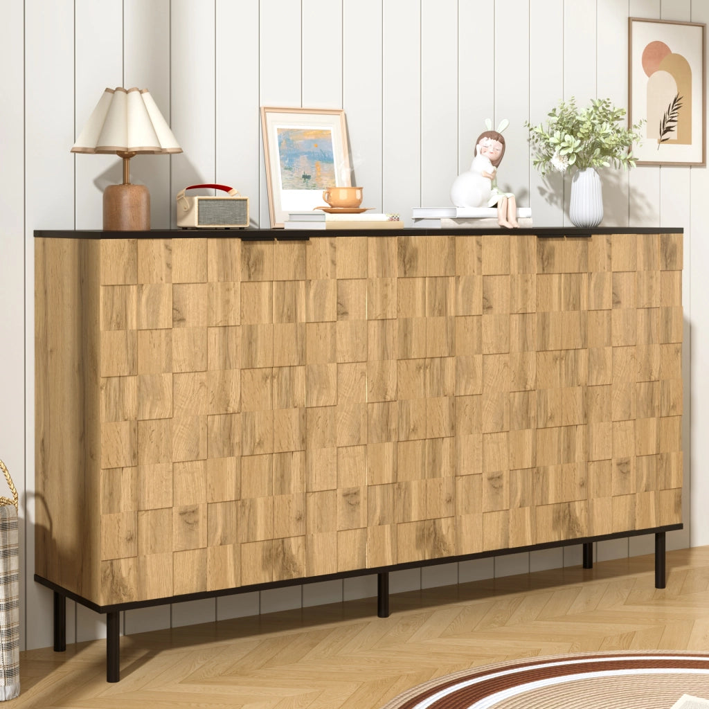 Credenza a 2 ante con ripiano fisso, effetto mosaico, per soggiorno, in truciolato, naturale e nero, 160 × 35 × 80,5 cm