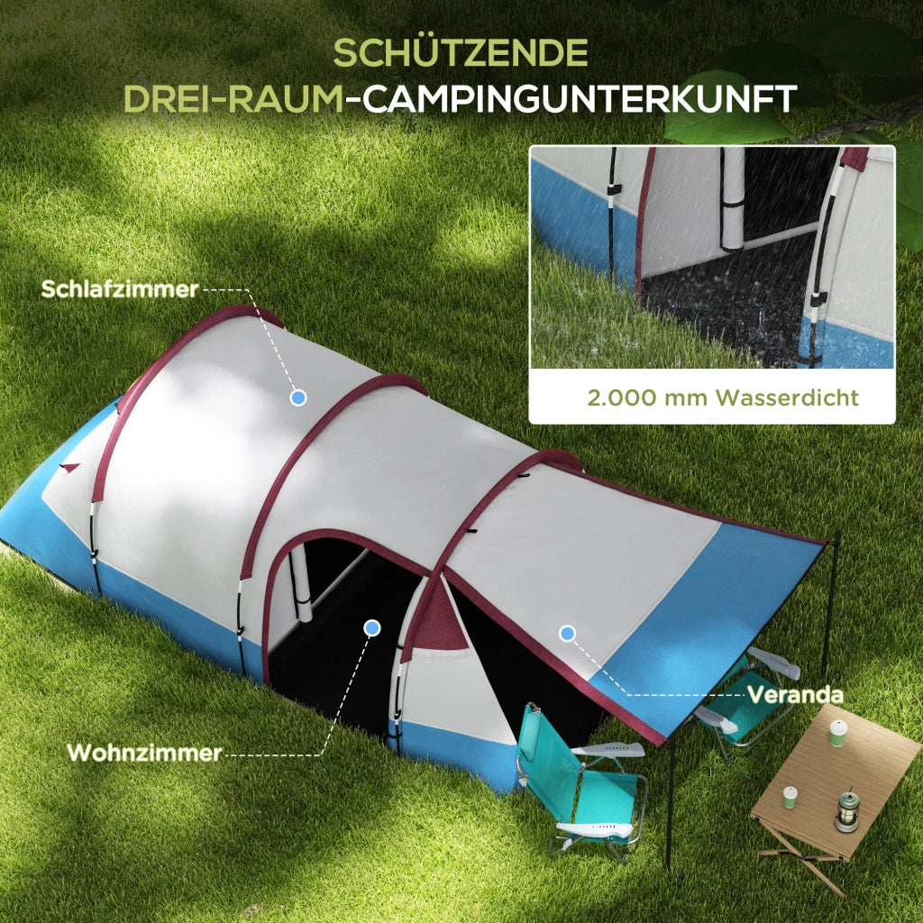 Tenda da campeggio tunnel per 3 persone in poliestere rosso con 2 aree, 3 ingressi, 2000 mm, 420 × 200 × 150 cm