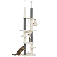 Albero tiragraffi, a soffitto alto, regolabile 225-255 cm, piattaforme & Amache, Dispositivo Anti-Ribaltamento, Bianco