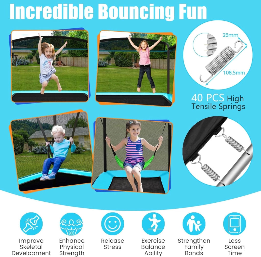 Trampolino Elastico per bambini con Altalena, Rete di Sicurezza, Trampolino Rettangolare Portato 100 kg, Tappeto da Salto all'Aperto, Tappetino per Saltare, 190x122x210 cm
