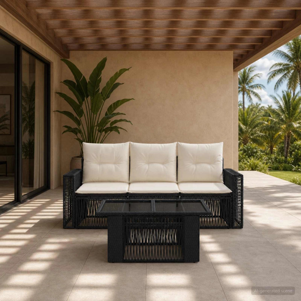 Set Divano da Giardino 4 pz Nero e Bianco Crema polyrattan 3436738