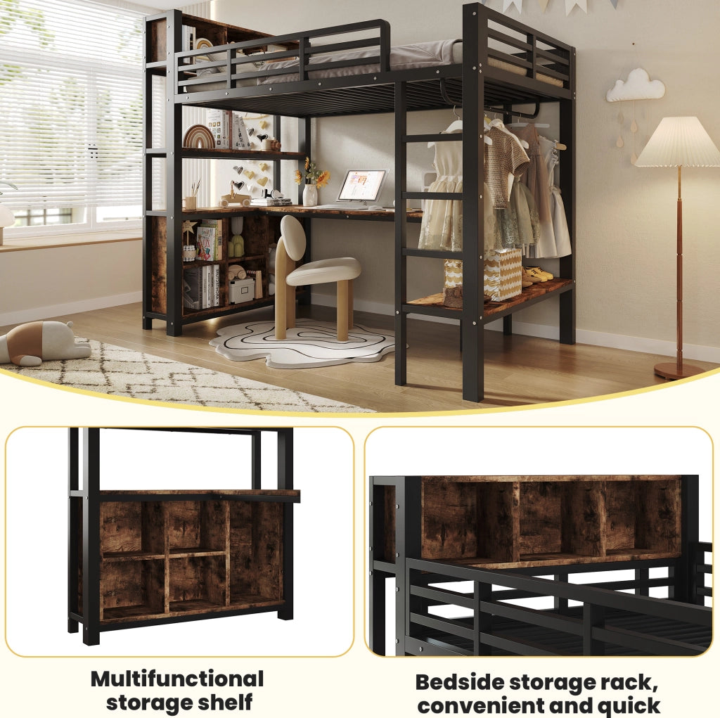 Letto a soppalco 90x200 cm in MDF e metallo nero con scrivania; appendiabiti e ripiani