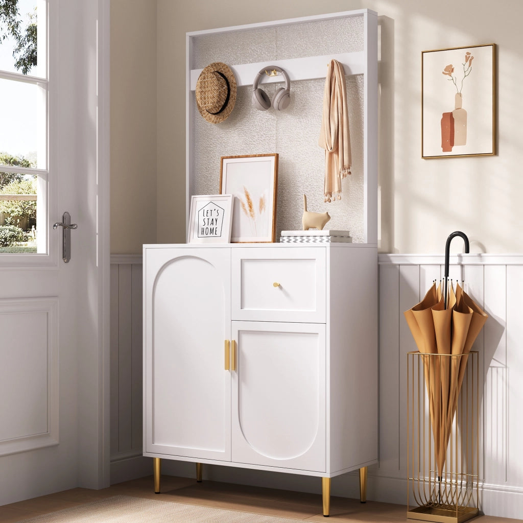 Mobile d'Ingresso con 1 Anta; 1 Cassetto e Ganci; Ripiani Regolabili; Stile Moderno; in MDF; 80??35??175;5 cm; Bianco